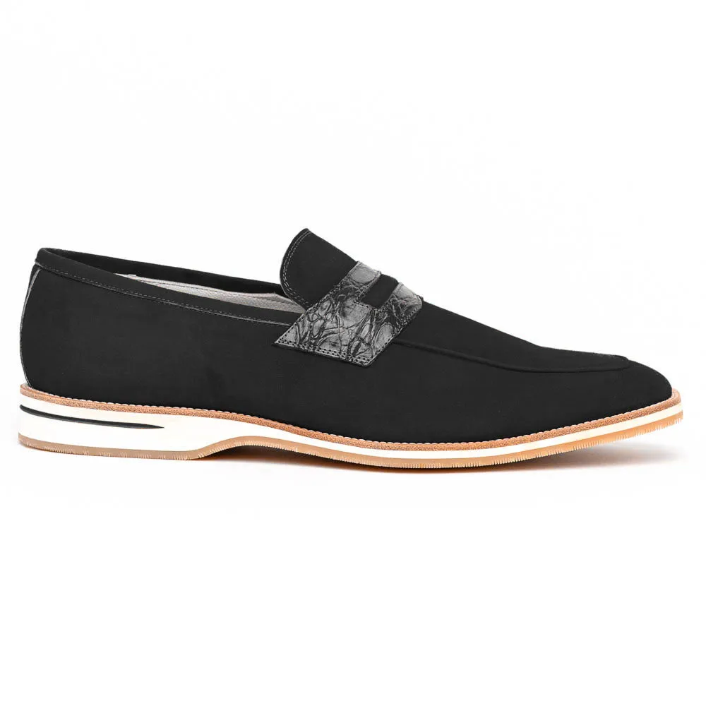 11-020-BLK MEO 3 Sueded Goatskin Penny Loafer, Black