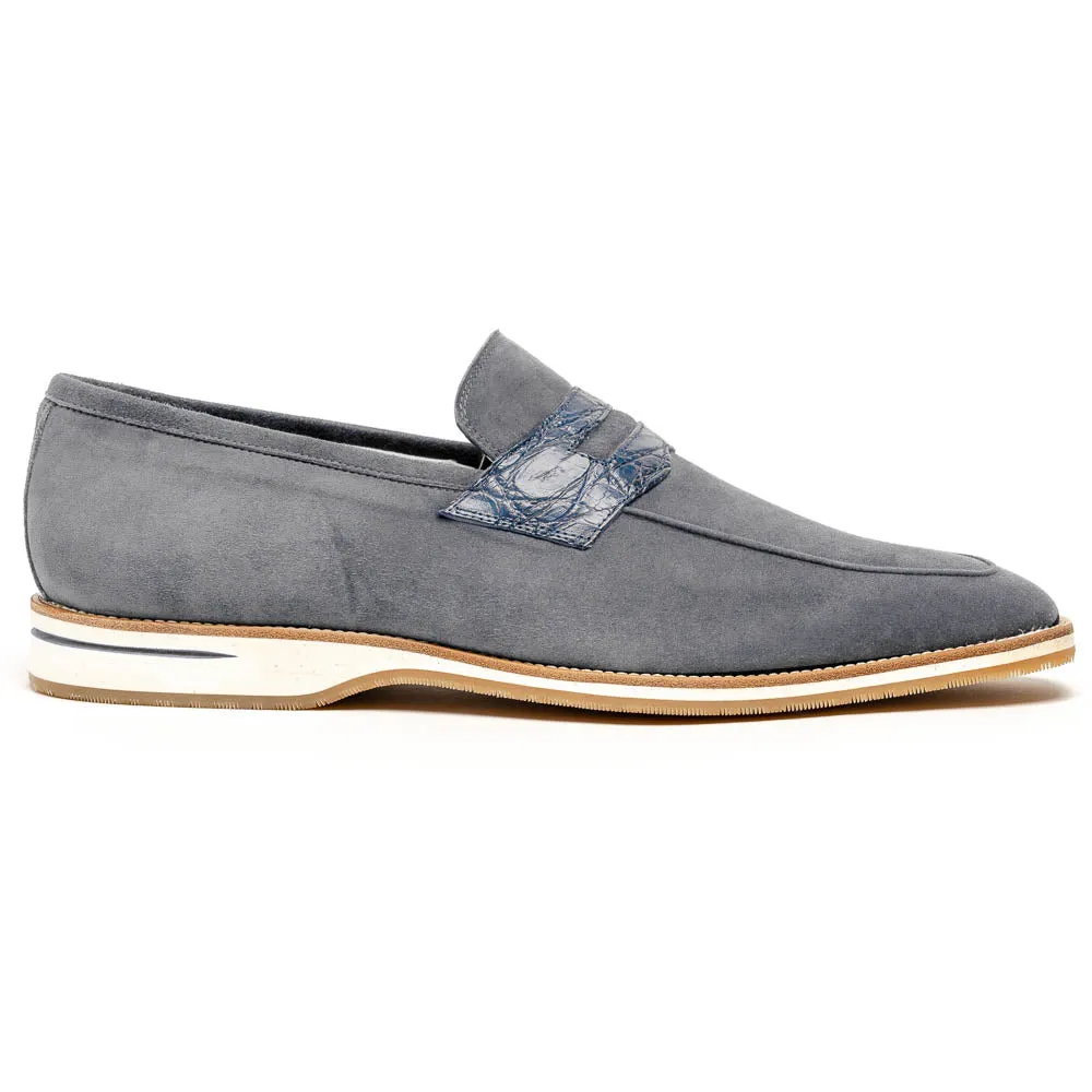 11-020-GRY MEO 3 Sueded Goatskin Penny Loafer, Gray