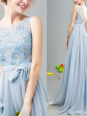 A-line Applique Sleeveless V Back Long Prom Dresses, Sweet 16 Prom Dresses, 12482