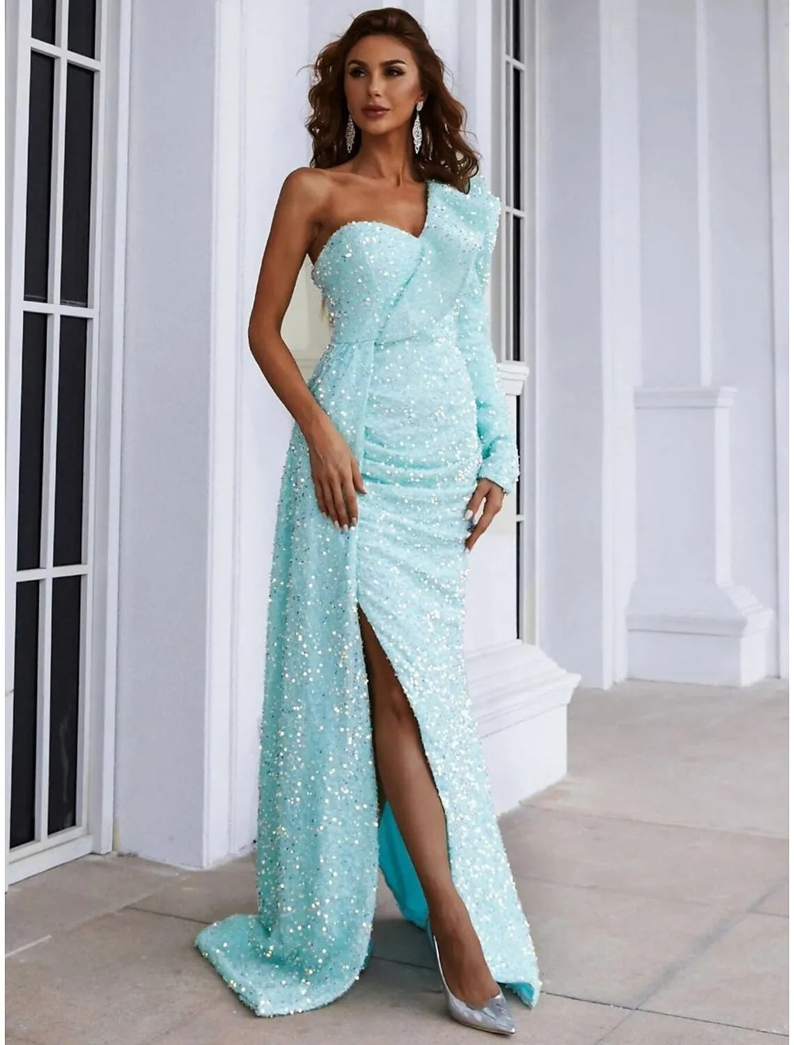 A-Line Evening Gown Elegant Dress Formal Sweep / Brush Train Long Sleeve One Shoulder Sequined with Glitter Ruched Slit