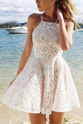 A-line White Halter Short Straps Lace Homecoming Dresses With Pleats,SH13