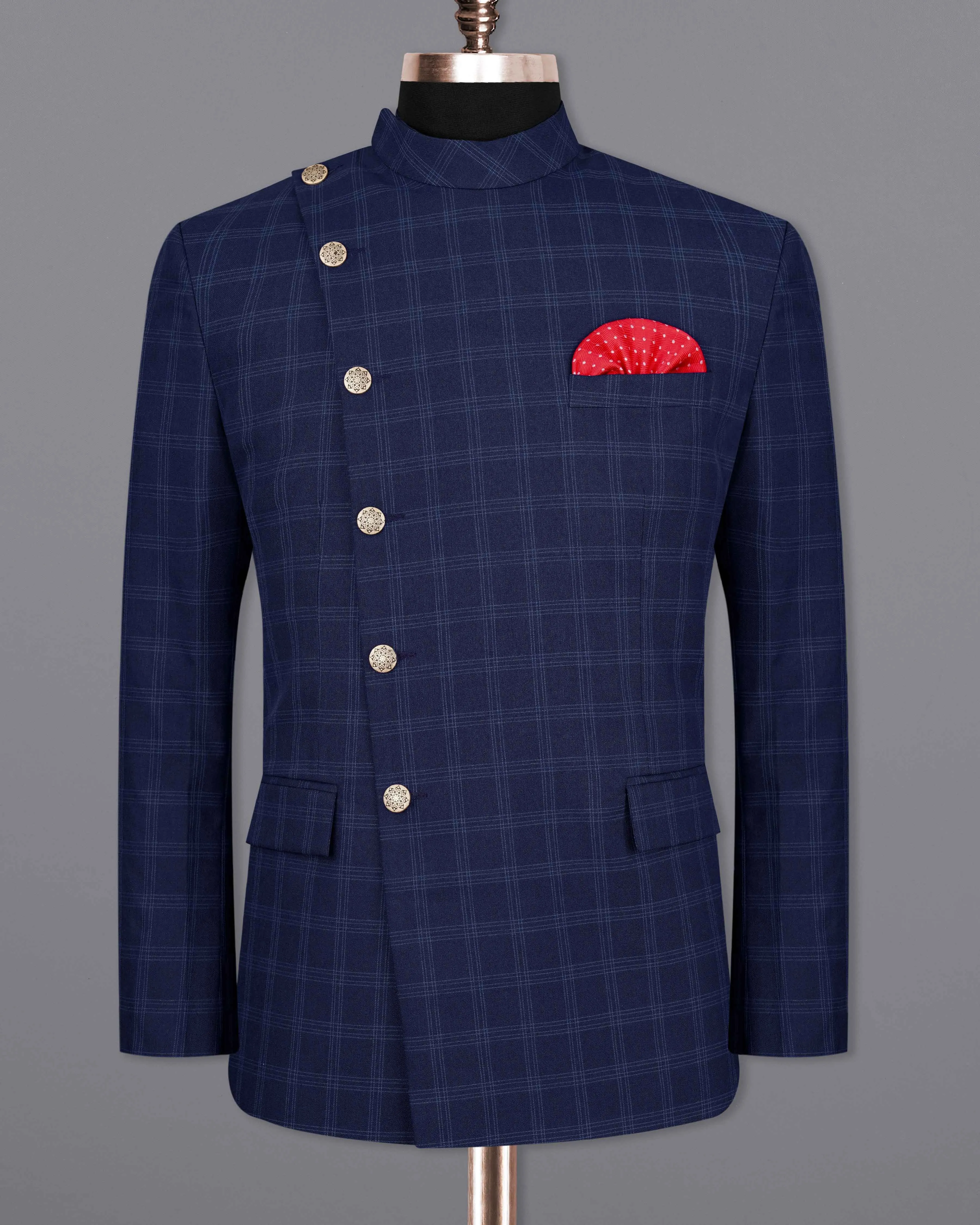 Baltic Sea Blue Windowpane Cross Placket Bandhgala Blazer