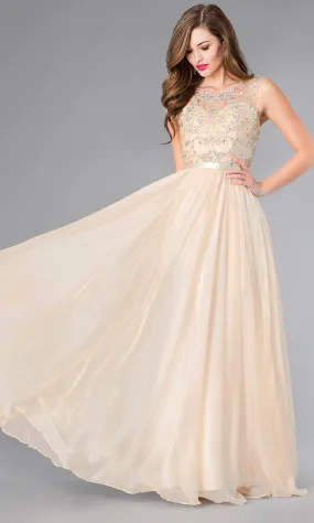 Beaded Sheer Panel Floor Length Chiffon Gown