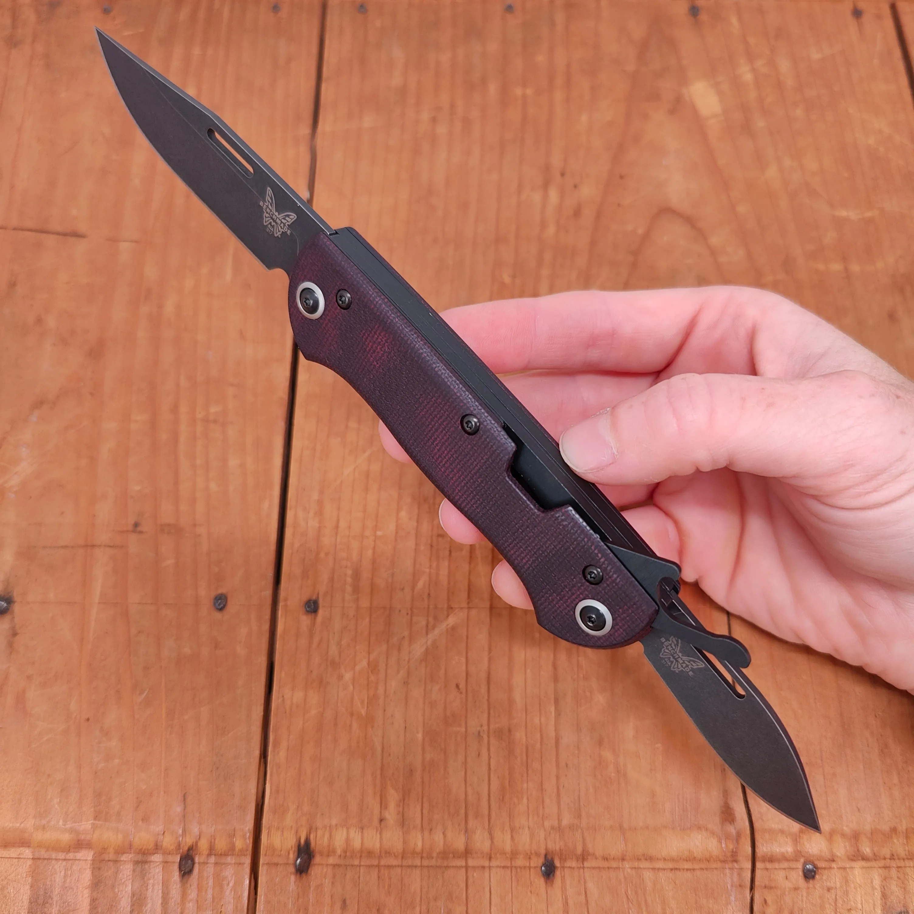 Benchmade 317BK-02 Weekender Drop Point CPM-S90V Lockback Double Red Micarta Handle with Second Blade and Bottle Opener