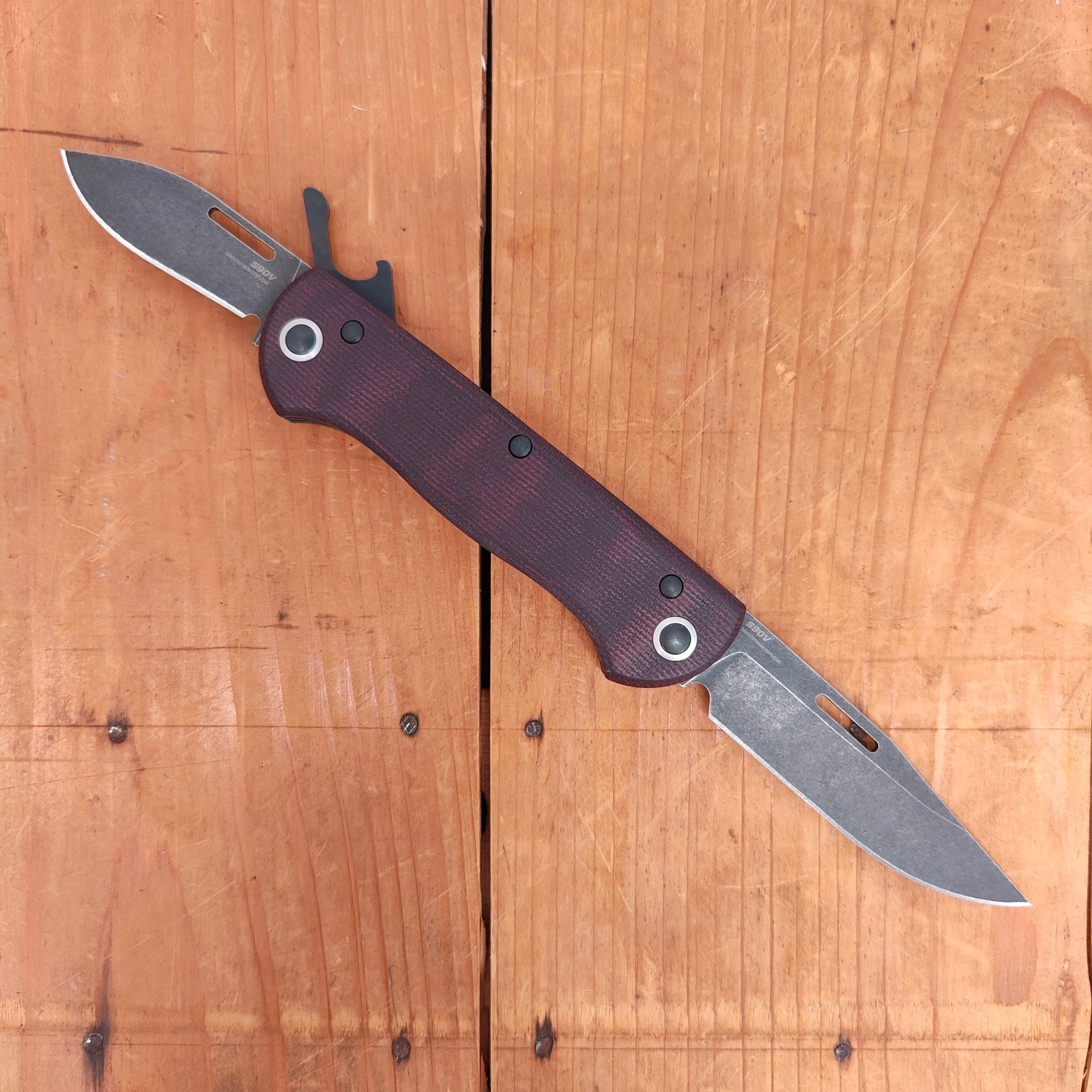 Benchmade 317BK-02 Weekender Drop Point CPM-S90V Lockback Double Red Micarta Handle with Second Blade and Bottle Opener