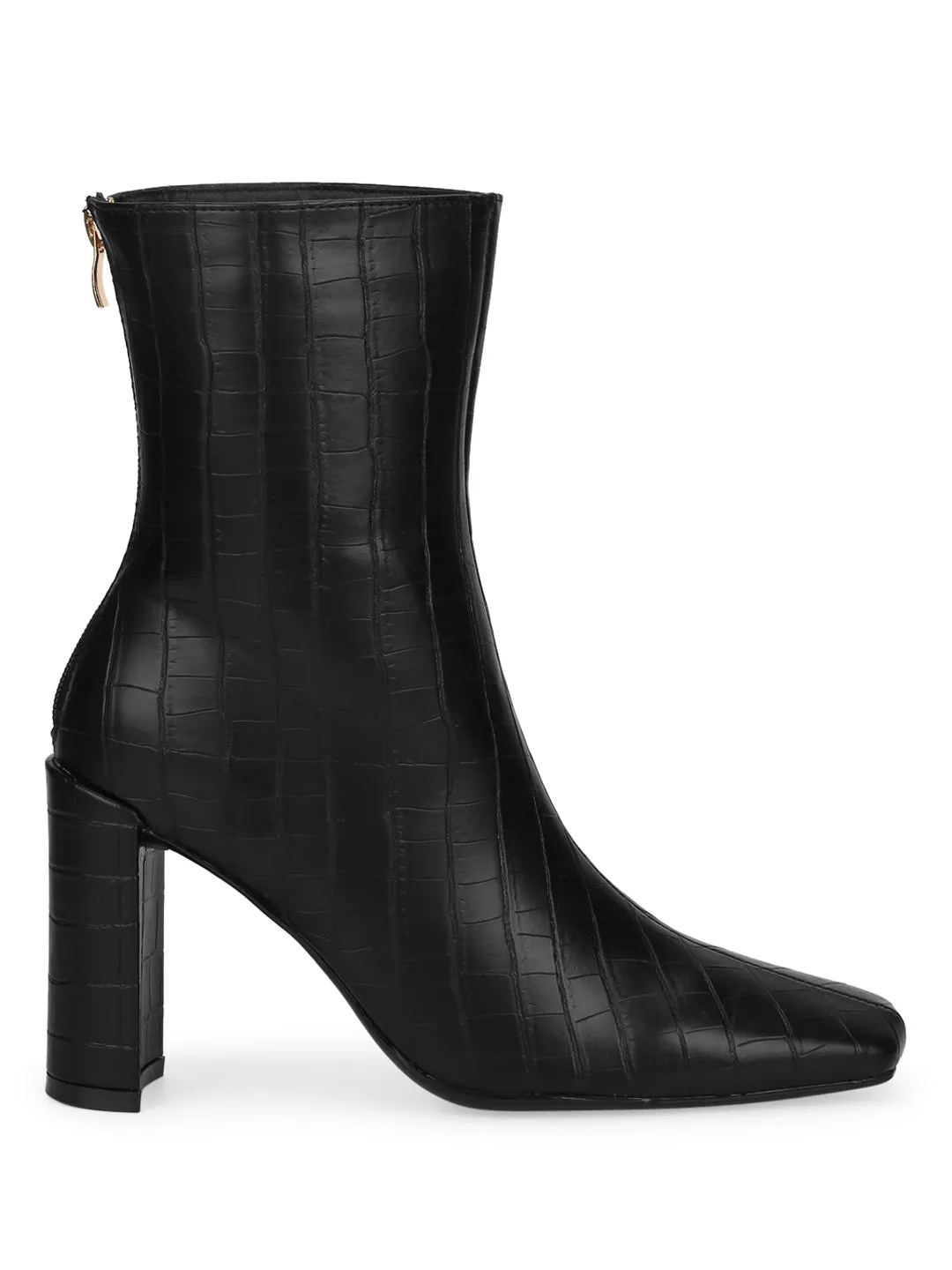 Black Croc PU High Heel Sock Ankle Boots