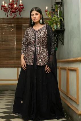 Black Embellished Premium Chinon Silk Skirt Set