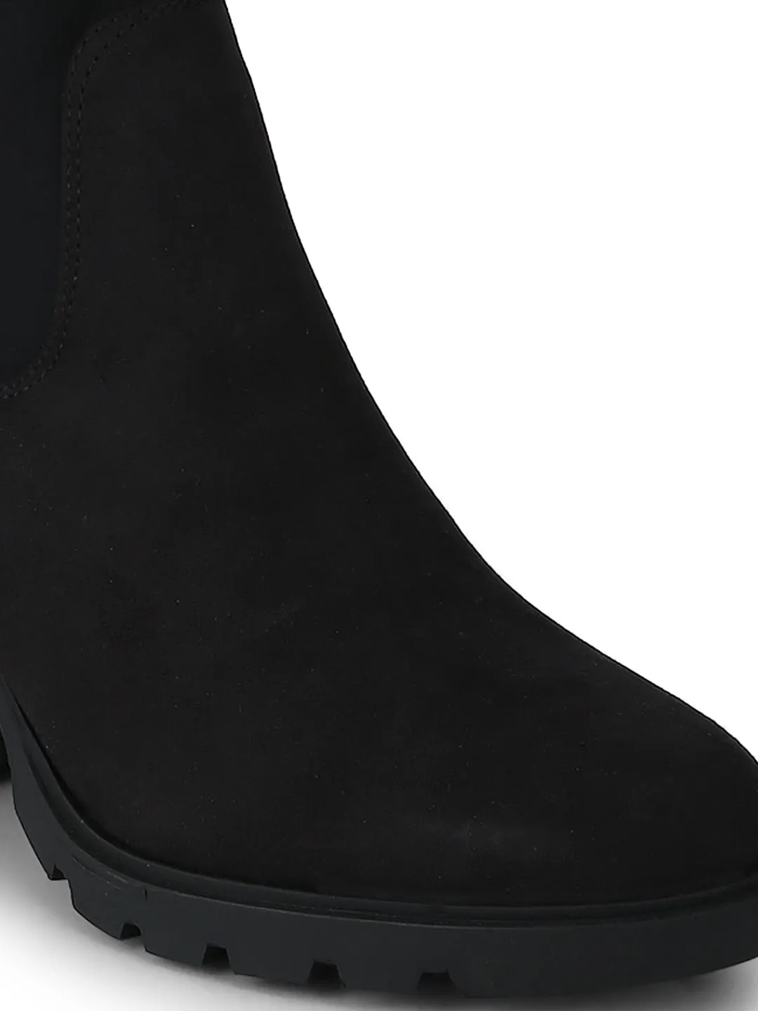 Black Micro Double Shade Low Block Heel Ankle Length Boots