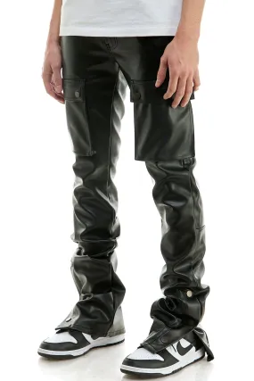 Black Skinny Stacked Pants Men's Flare Stacked Leather Jeans