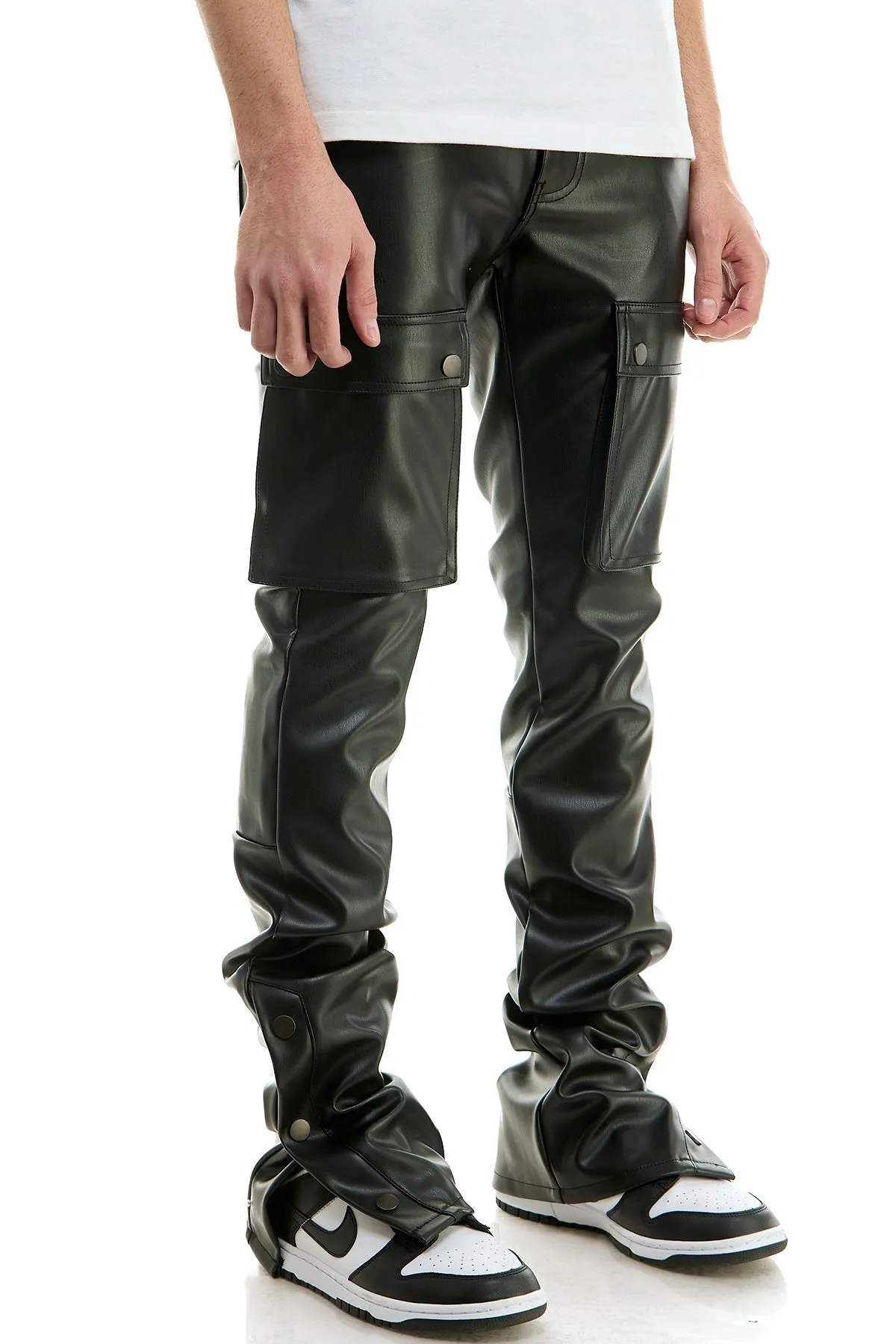 Black Skinny Stacked Pants Men's Flare Stacked Leather Jeans