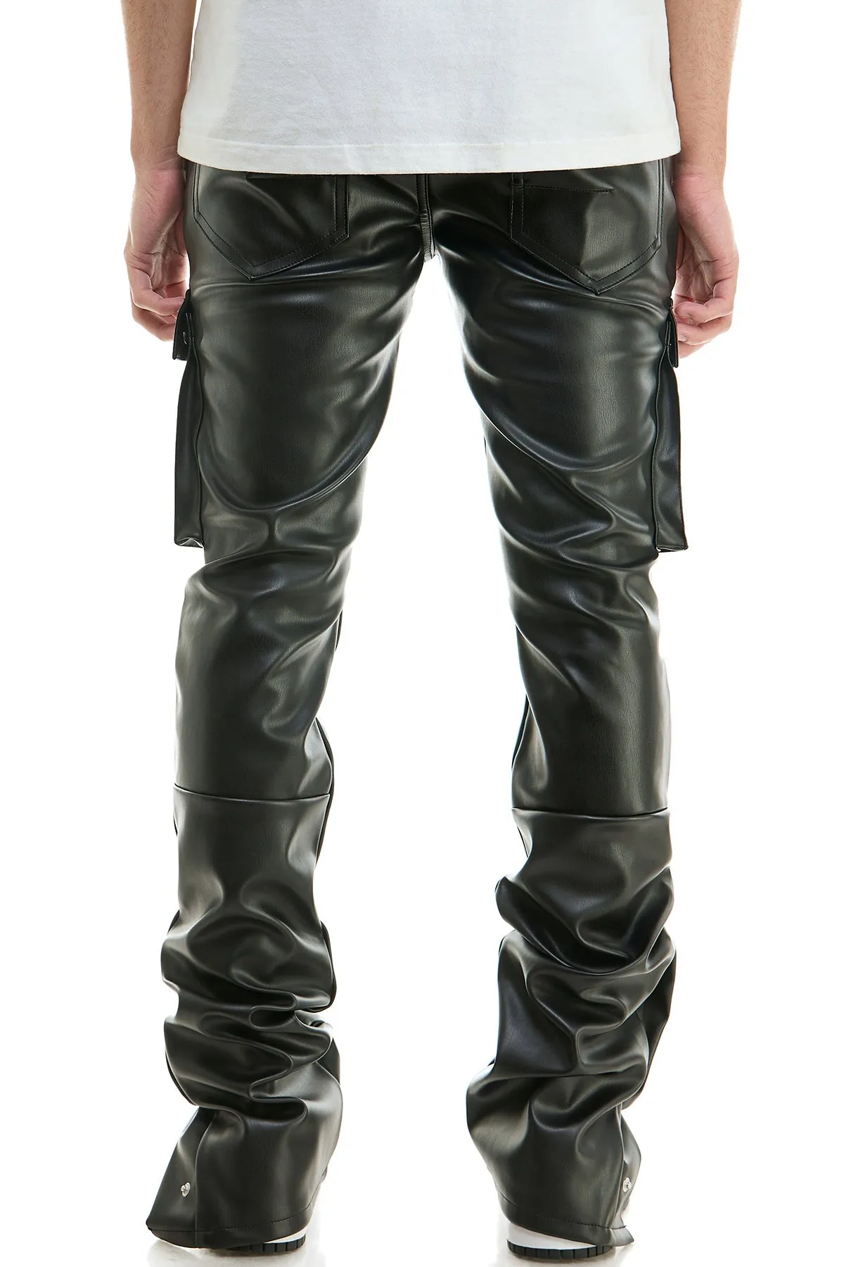 Black Skinny Stacked Pants Men's Flare Stacked Leather Jeans