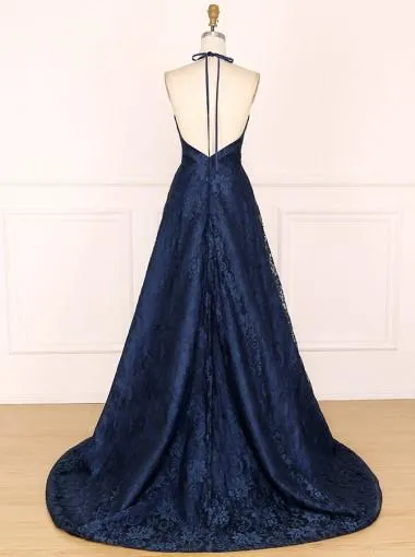 Blue A-line Halter V-neck Backless Long Party Prom Dresses,Cheap Prom Dresses,12547