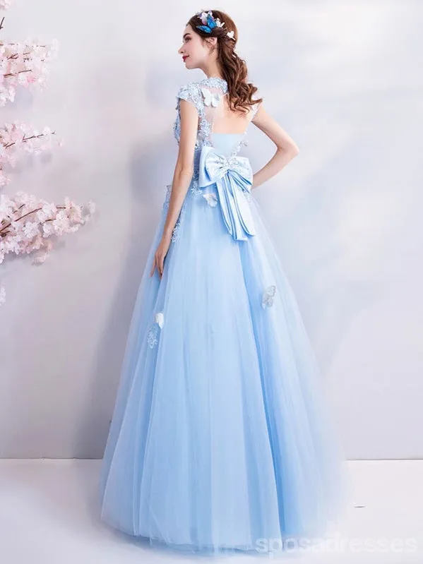 Blue A-line Short Sleeves Jewel Long Prom Dresses Online, Dance Dresses,12798