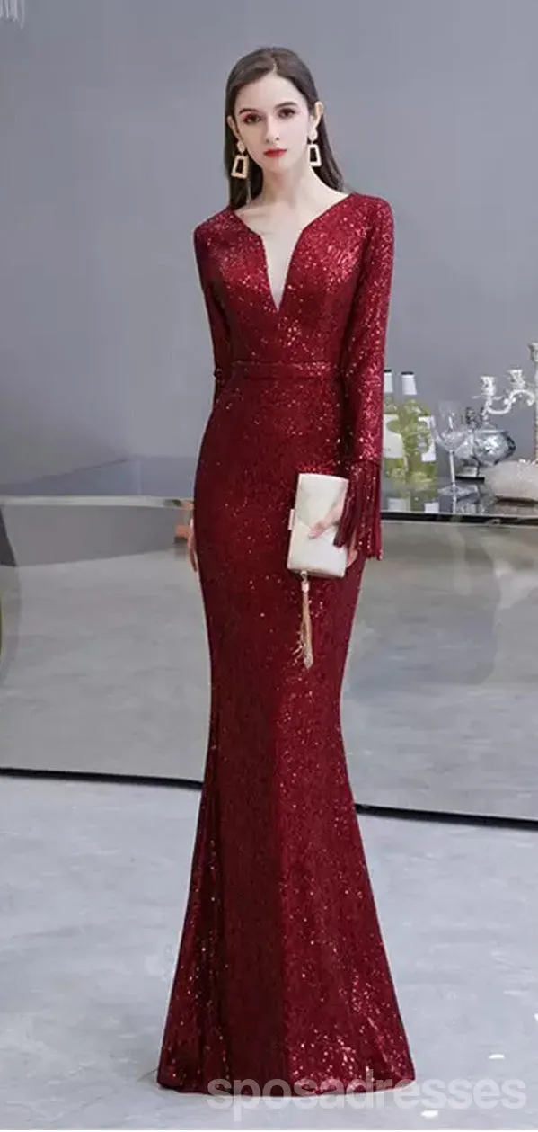 Burgundy Mermaid Long Sleeves V-neck Cheap Prom Dresses Online,12950