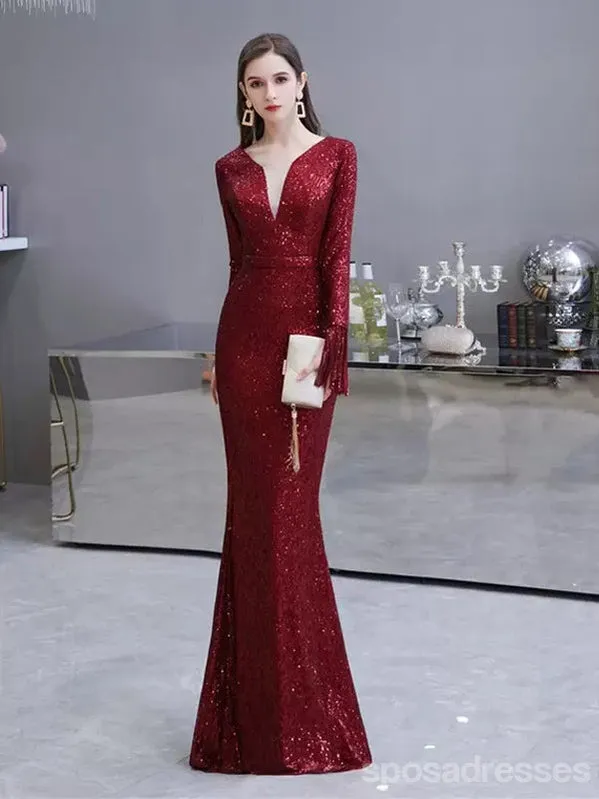 Burgundy Mermaid Long Sleeves V-neck Cheap Prom Dresses Online,12950