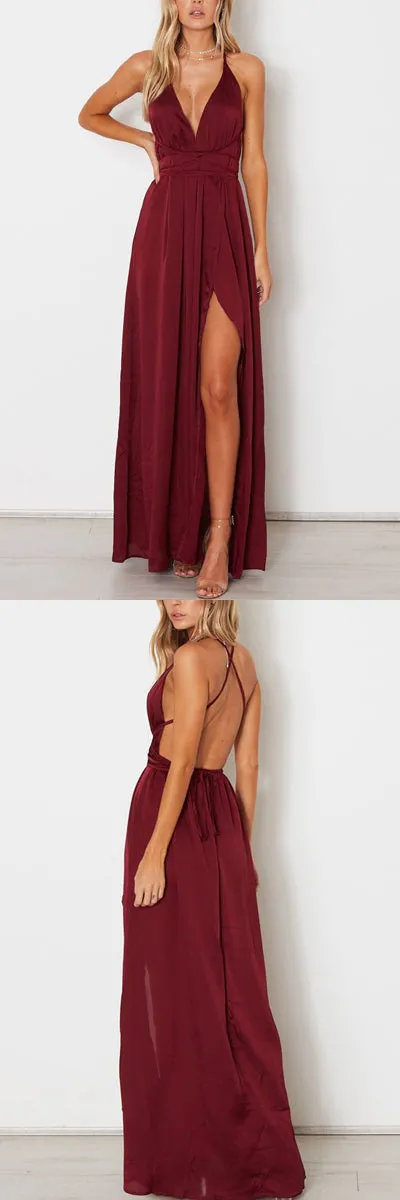 Burgundy Simple A-line V-neck Spaghetti Straps Long Prom Dresses with Slit, SP486