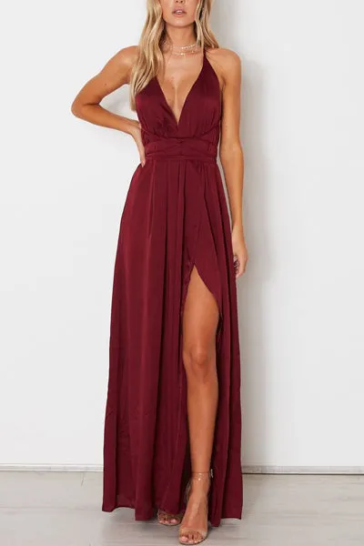 Burgundy Simple A-line V-neck Spaghetti Straps Long Prom Dresses with Slit, SP486