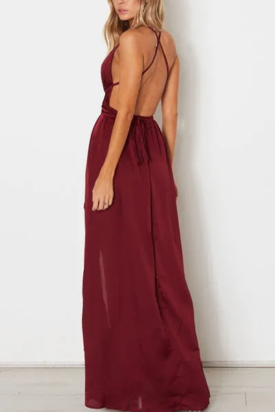 Burgundy Simple A-line V-neck Spaghetti Straps Long Prom Dresses with Slit, SP486