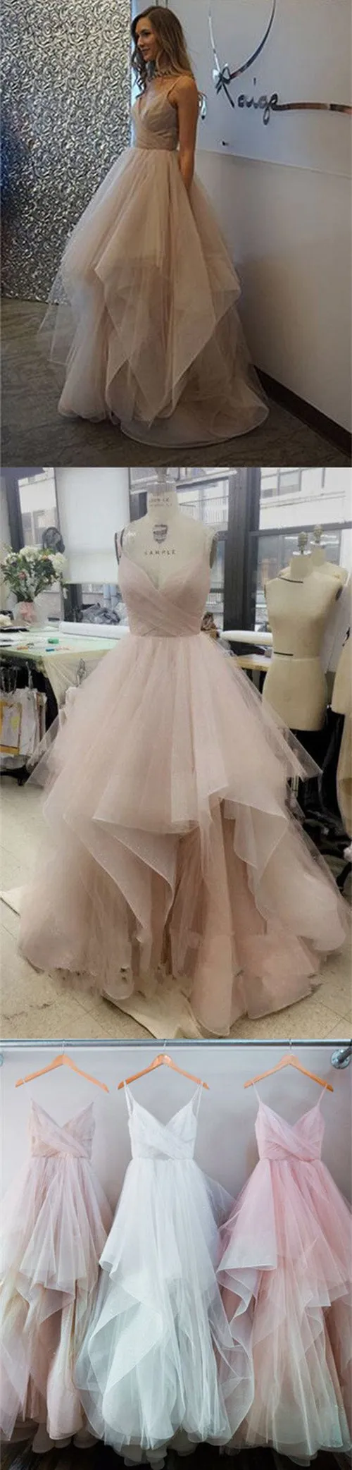 Chic Tulle Floor Length Spaghetti Long Prom Dresses Evening Dresses, M240