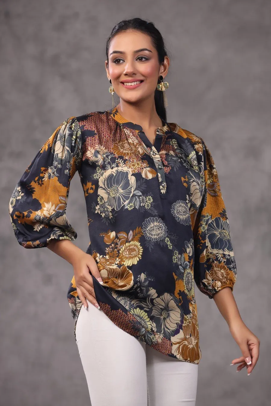 Dark Blue Floral Modal Satin Top