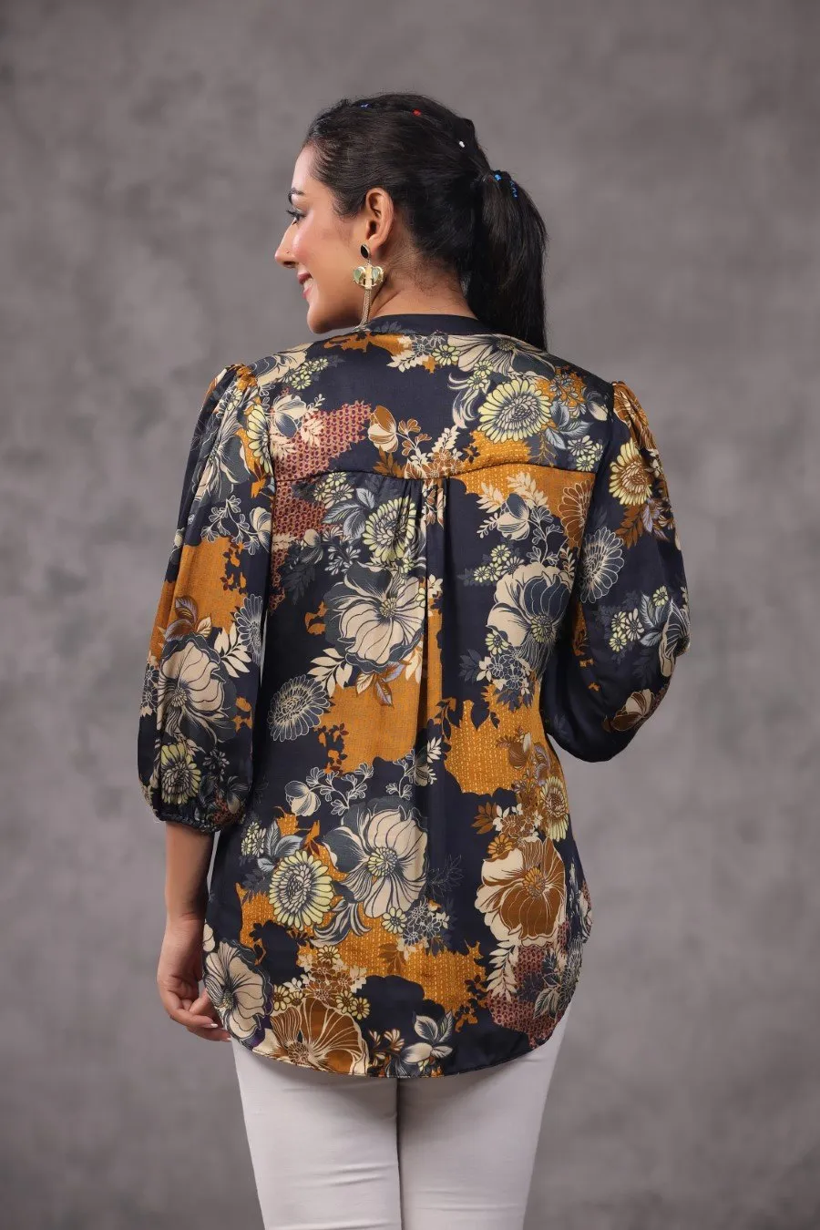 Dark Blue Floral Modal Satin Top