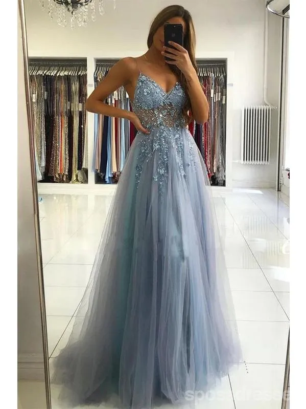 Dusty Blue A-line Spaghetti Straps V-neck See Through Long Prom Dresses Online,12667