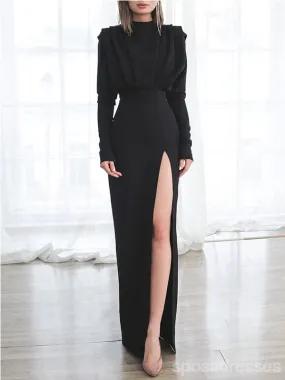 Elegant Black Mermaid Long Sleeves Side Slit Cheap Prom Dresses,12964