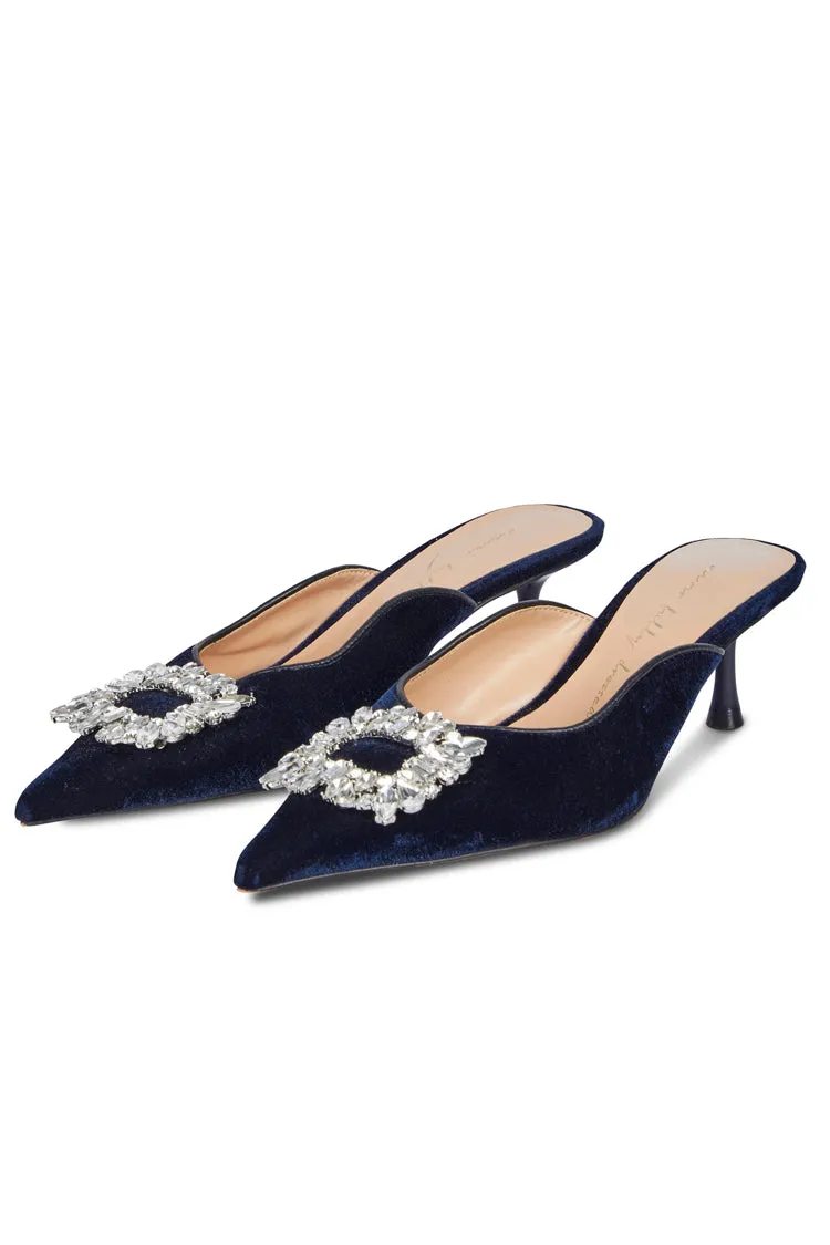 Embellished Navy Velvet City Mules