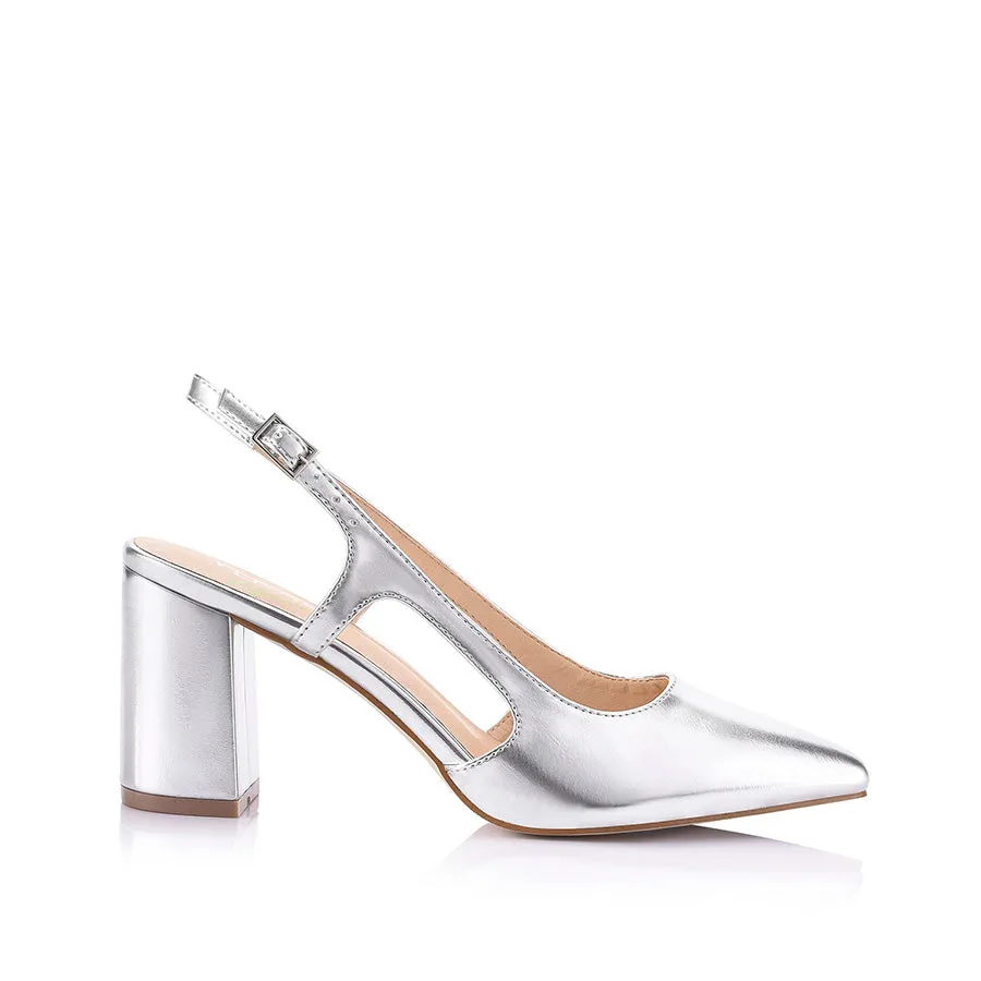 Enrique Sling Back Block Heels - Silver Smooth