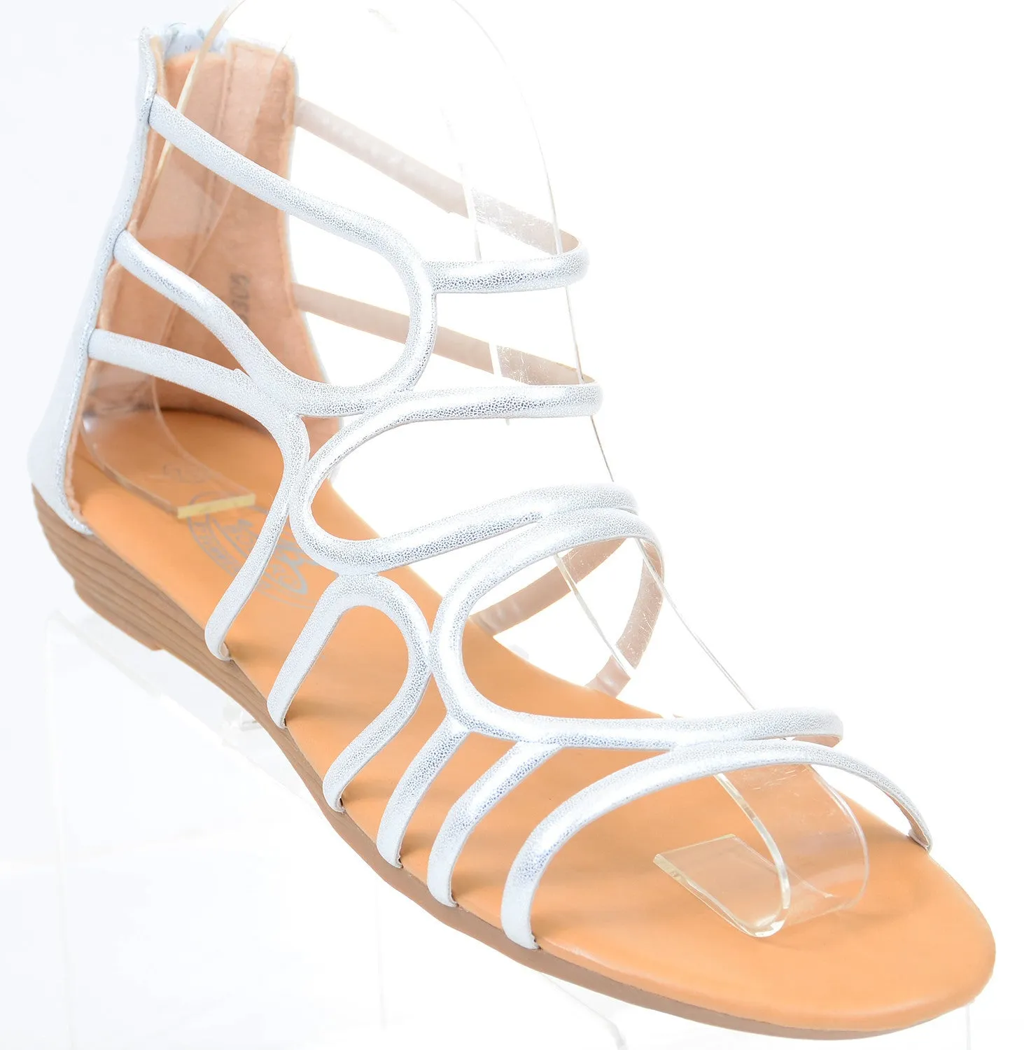 Gladiator Metallic Back Zip Strappy Gladiator Womens Wedge Sandals