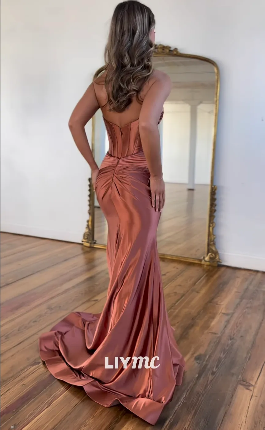 LP1026 - Sweetheart Satin Ruched Side Slit Mermaid Formal Prom Dress