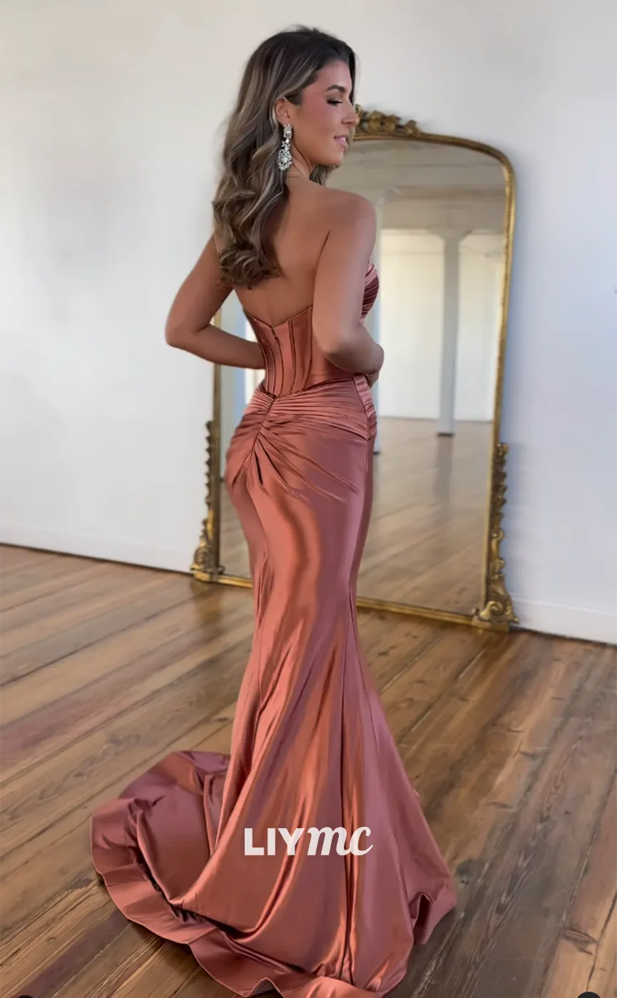 LP1026 - Sweetheart Satin Ruched Side Slit Mermaid Formal Prom Dress