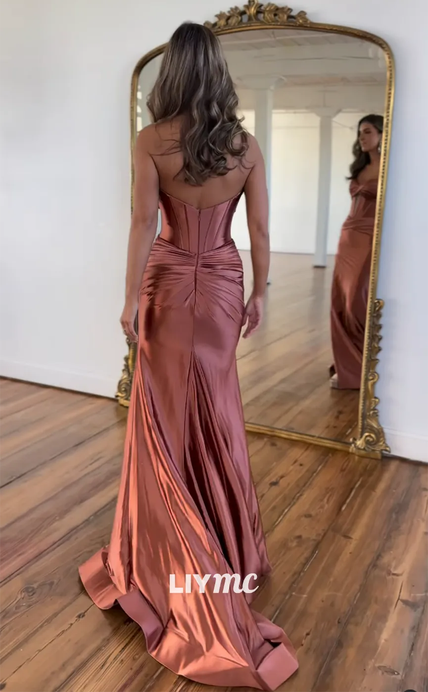 LP1026 - Sweetheart Satin Ruched Side Slit Mermaid Formal Prom Dress