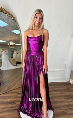 LP1065 - A Line Strapless Ruched Sparkly Formal Prom Dress with Slit