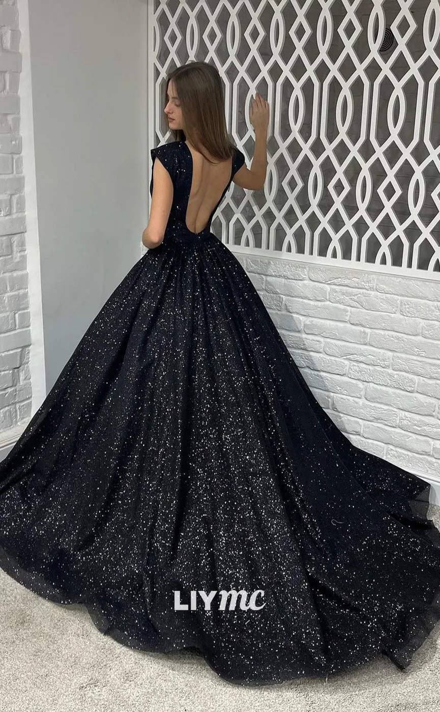 LP1093 - Illusion Deep V neck Sparkly Black Formal Prom Dress