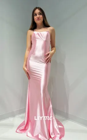 LP1096 - Scoop Satin Pink Mermaid Formal Prom Dress