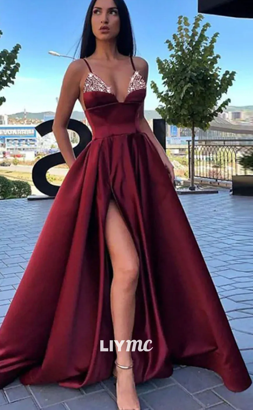 LP1109 - A Line V Neck Satin Elegant Formal Prom Dress with Pockets