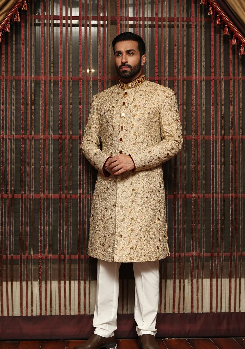 Premium Jamawar Golden Sherwani