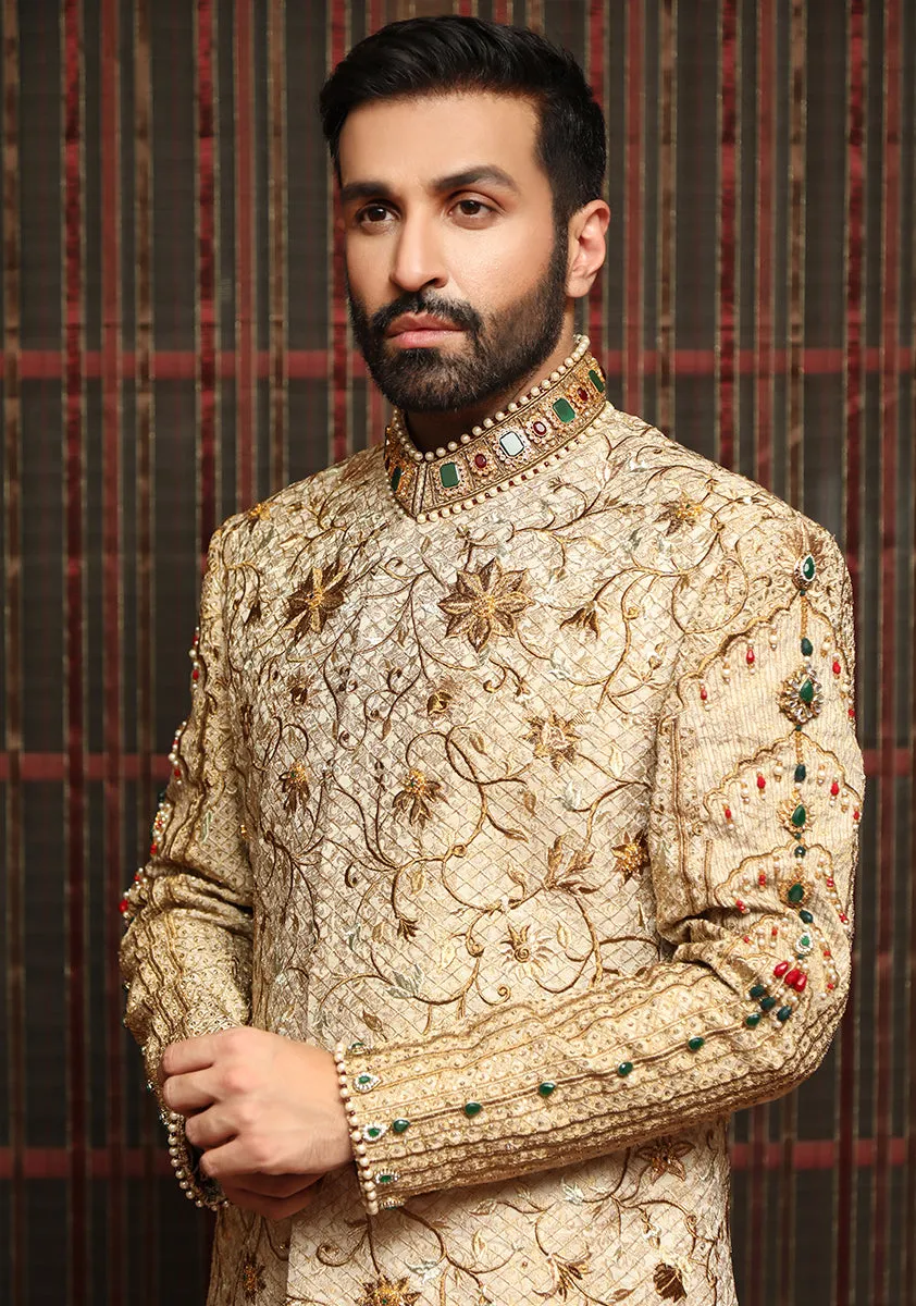 Premium Jamawar Light Gold Sherwani with Jewel and Stone work